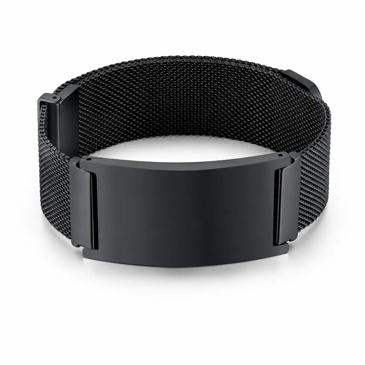 Close-up of a black stainless steel mesh bracelet with a smooth rectangular ID plate and matching clasp