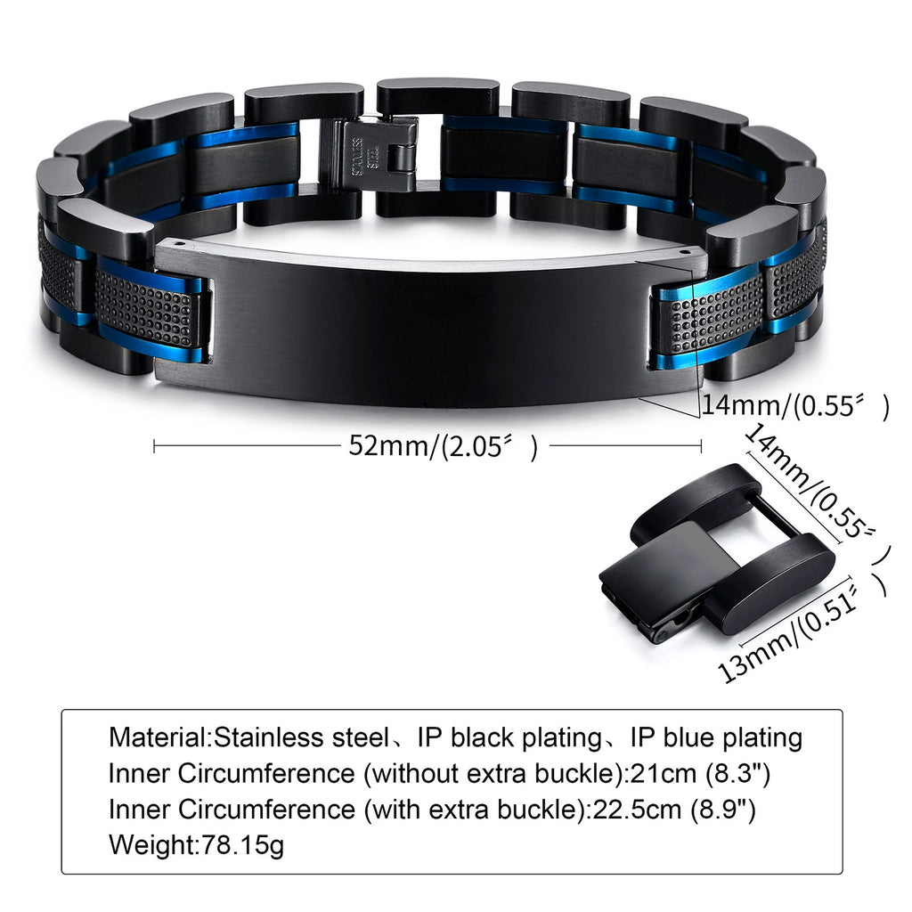 Black and blue medical ID link bracelet size guide showing the ID plate and stainless steel band.