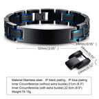 Black and blue medical ID link bracelet size guide showing the ID plate and stainless steel band.