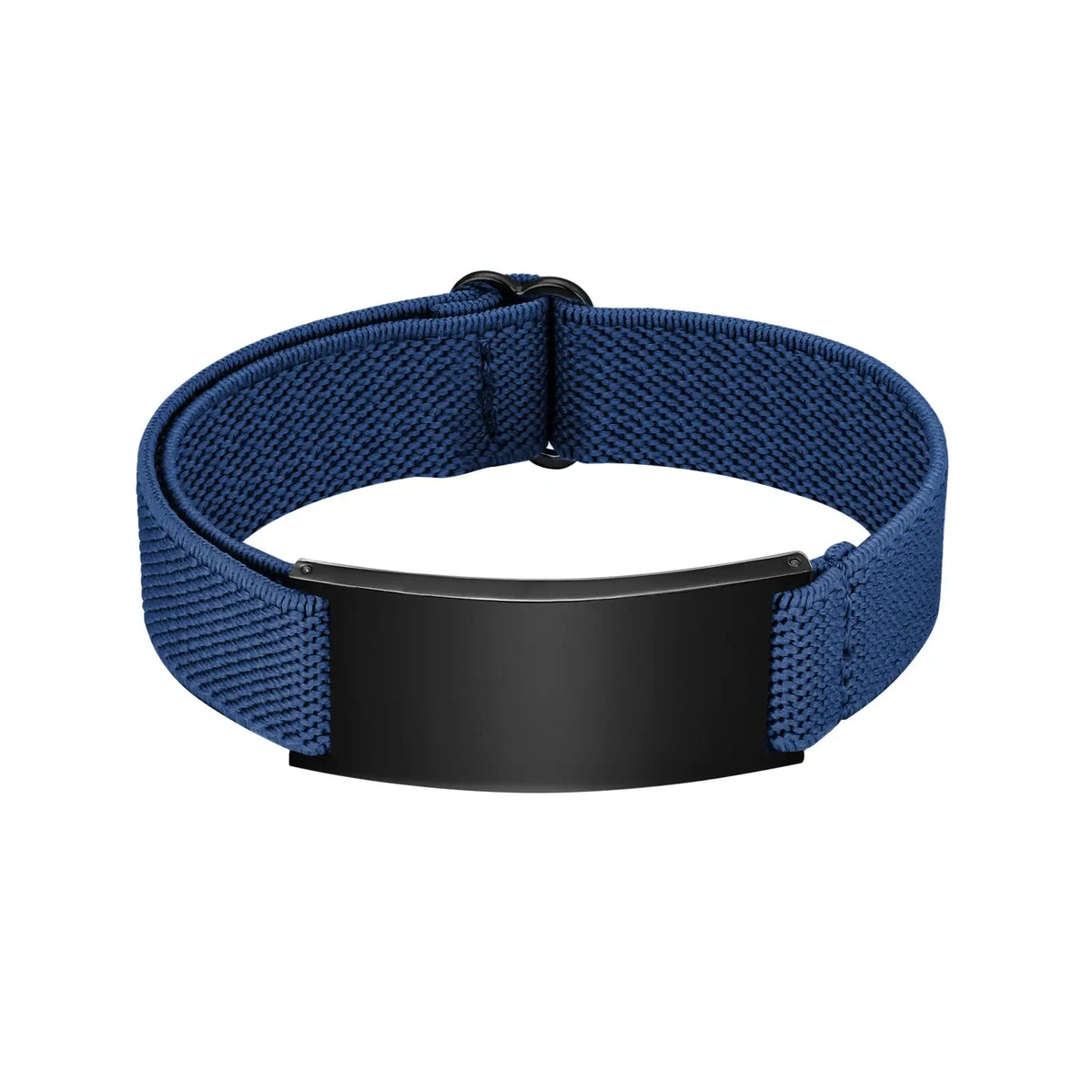 Navy blue medical ID bracelet with adjustable elastic band and black stainless steel ID plate.