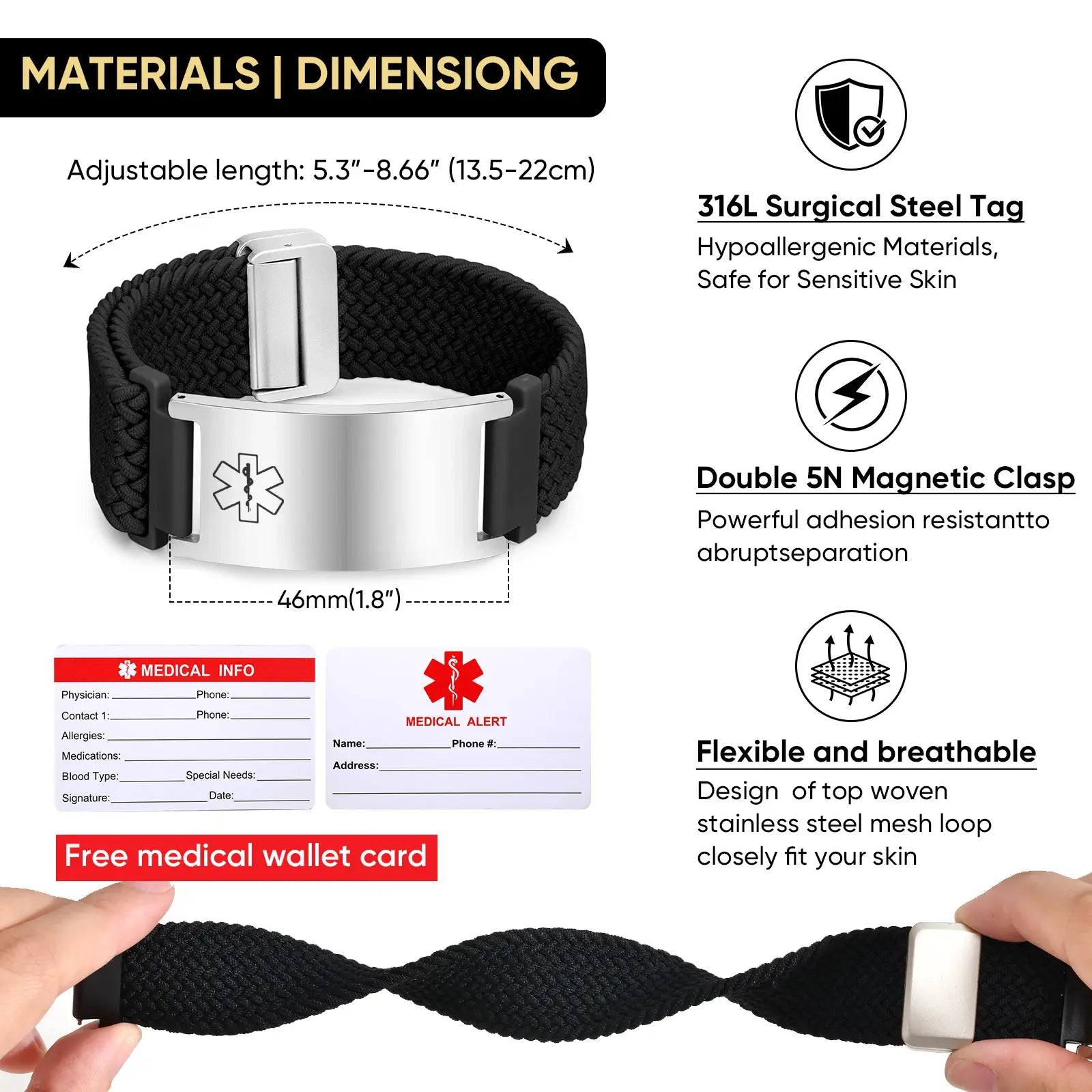 Black braided medical ID bracelet feature guide showing the stainless steel engraving plate and adjustable nylon band