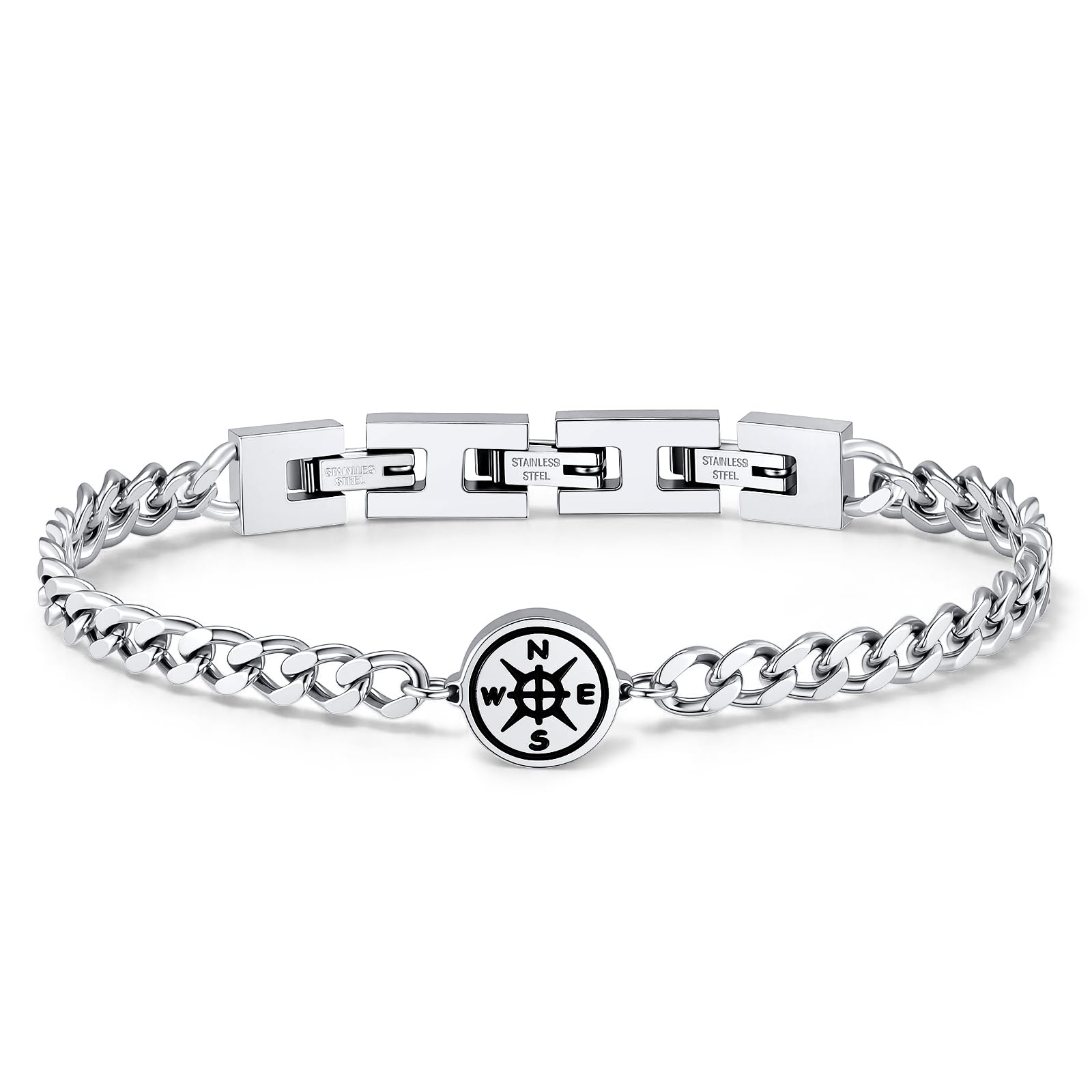 Stainless Steel Compass Medallion Cuban Link Bracelet