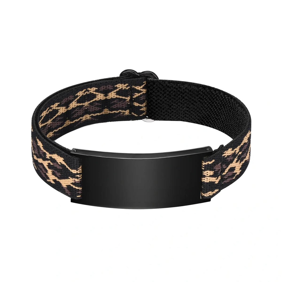 Camouflage medical ID bracelet with adjustable elastic band and black stainless steel engraving plate.