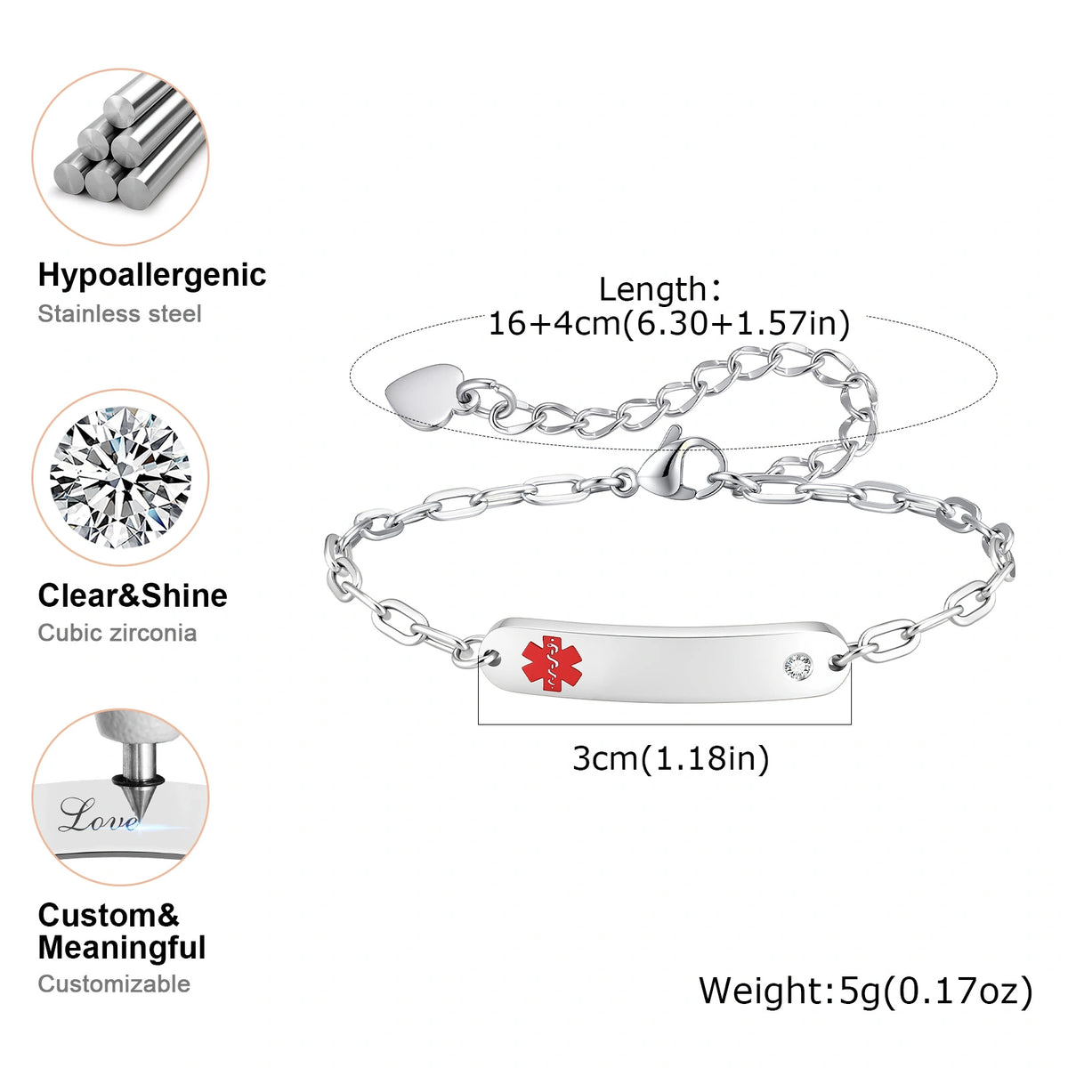 Silver ID bracelet with a red medical cross symbol on a polished bar, shown with dimension labels, weight, and feature callouts including hypoallergenic stainless steel, clear cubic zirconia, and customizable text.
