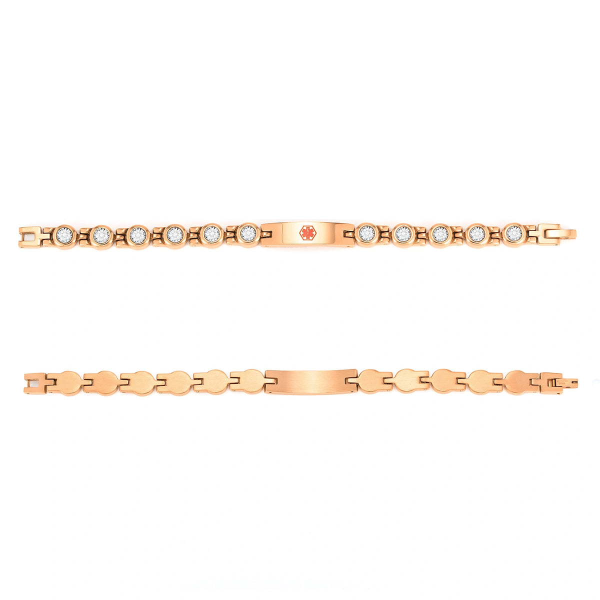Close-up views of the rose gold bracelet chain showing decorative links and cubic zirconia accents