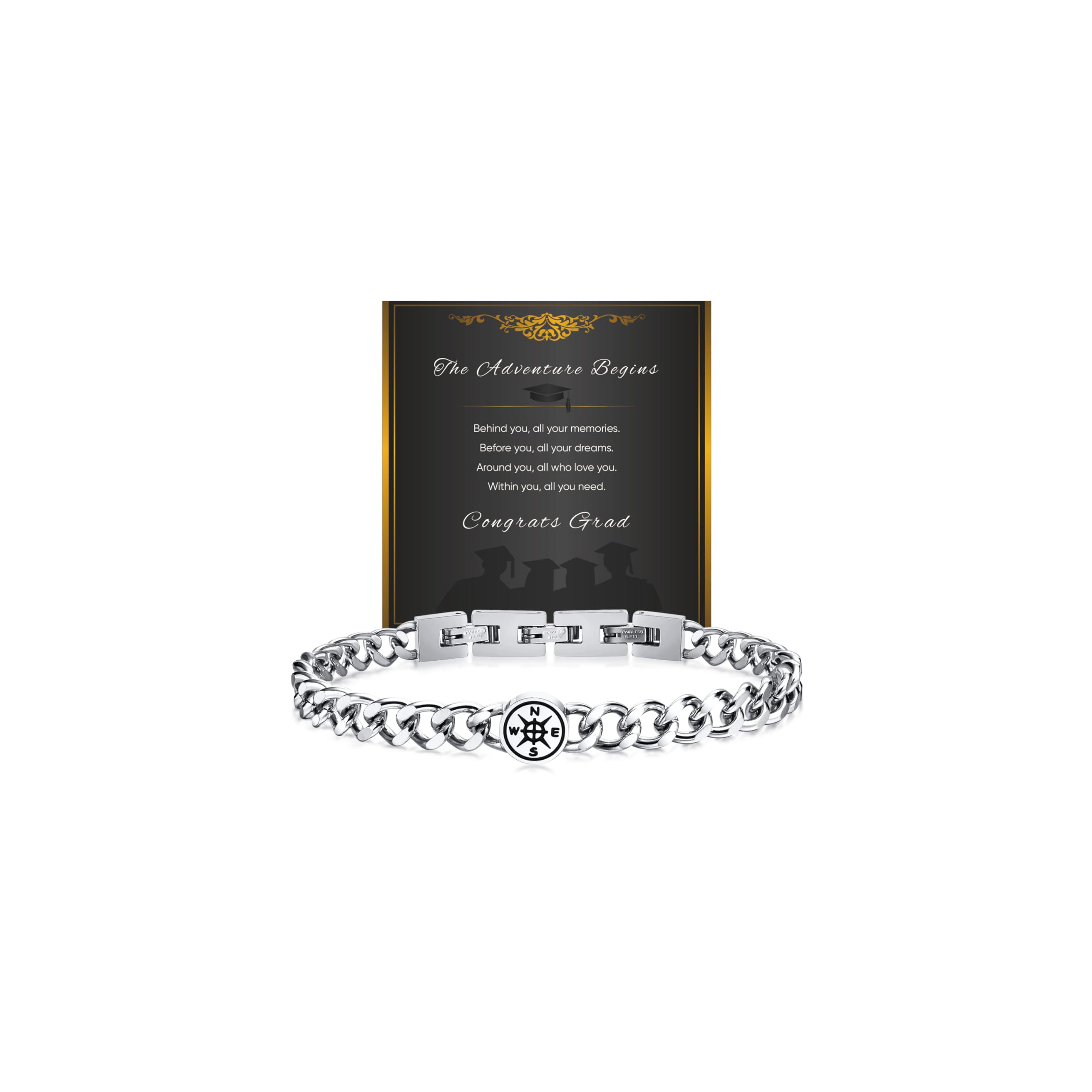 Stainless Steel Compass Medallion Cuban Link Bracelet
