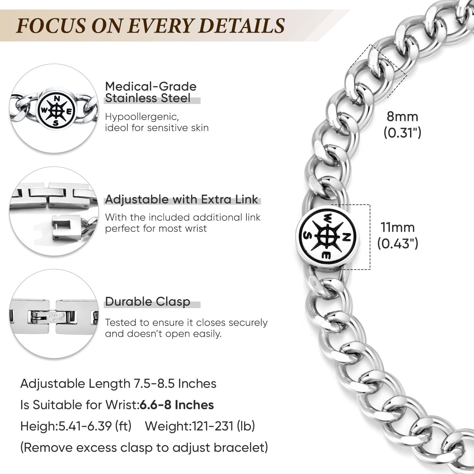 Stainless Steel Compass Medallion Cuban Link Bracelet
