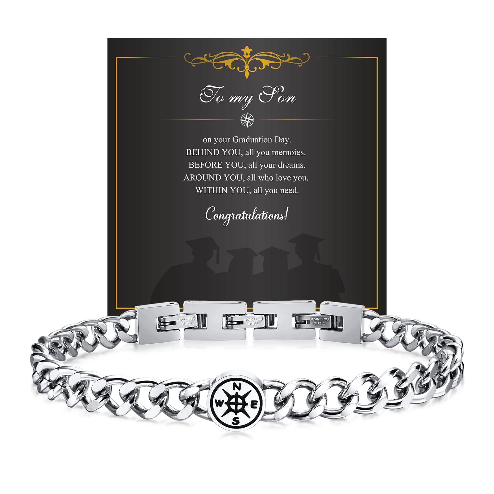 Stainless Steel Compass Medallion Cuban Link Bracelet