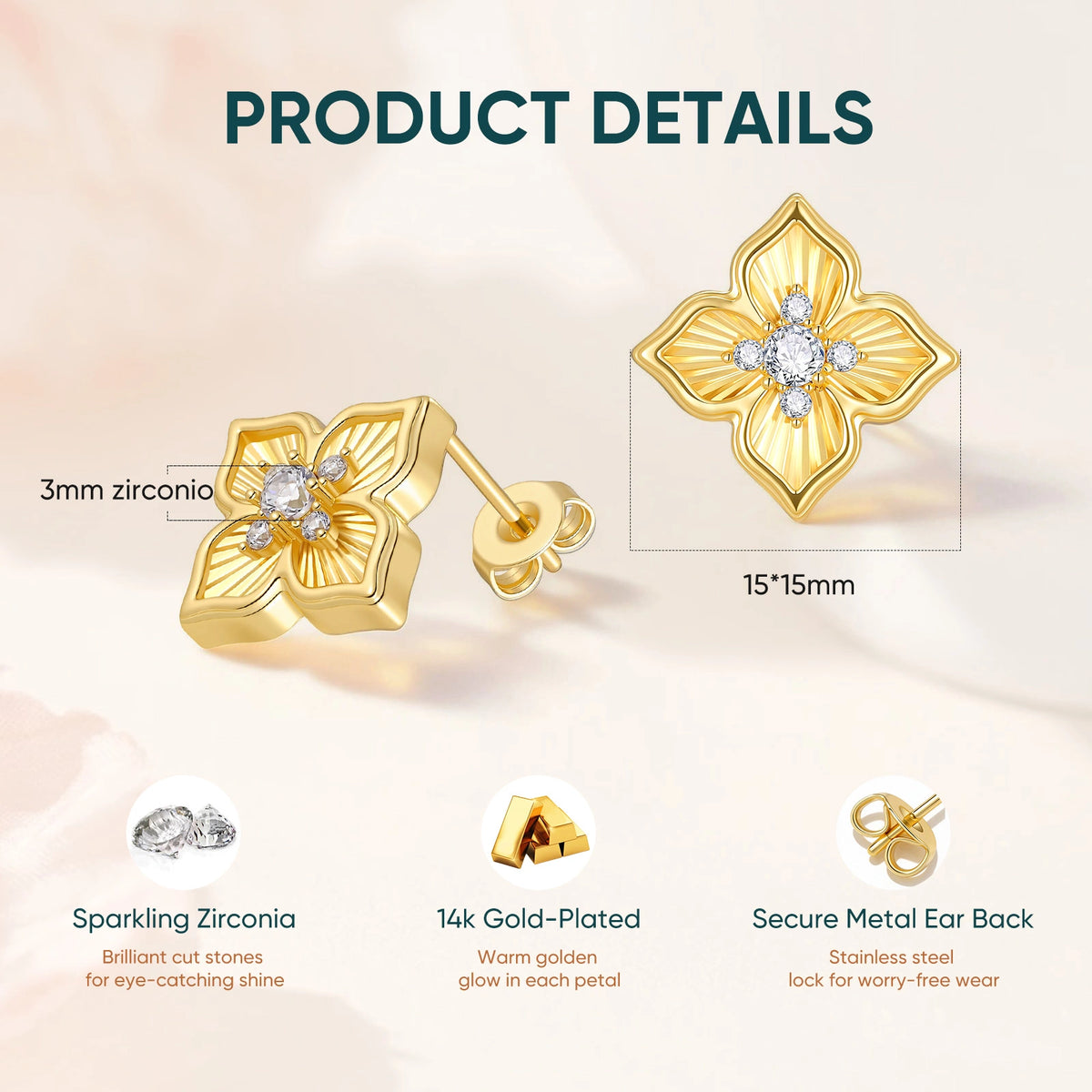 Four leaf clover stud earrings product detail guide showing gold floral design, sparkling CZ stones, and earring construction.