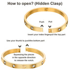 Step-by-step guide showing how to open and close the hidden clasp on a gold tone stainless steel crystal bangle.