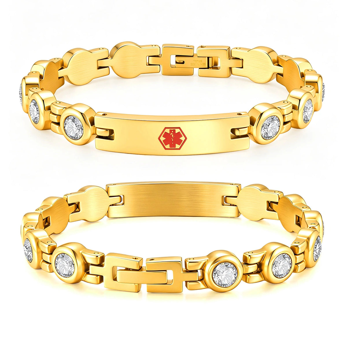 Gold medical ID link bracelet with sparkling CZ accents, polished engraving plate, and red medical symbol.