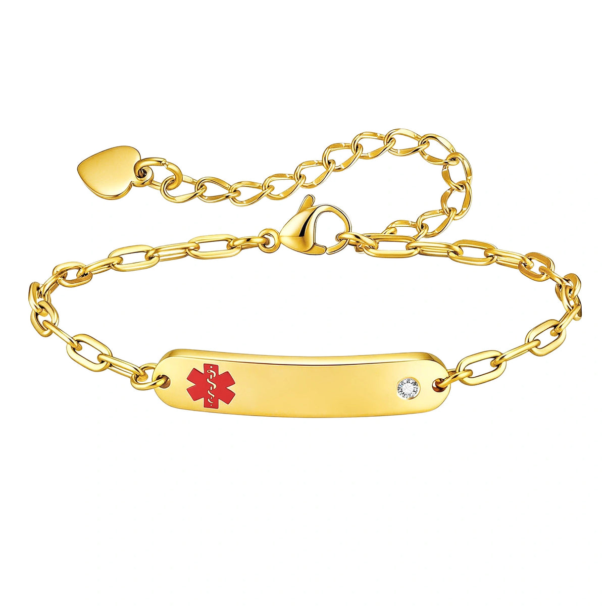 Gold personalized women's medical ID bracelet with CZ accents, engraving plate, and red medical symbol.