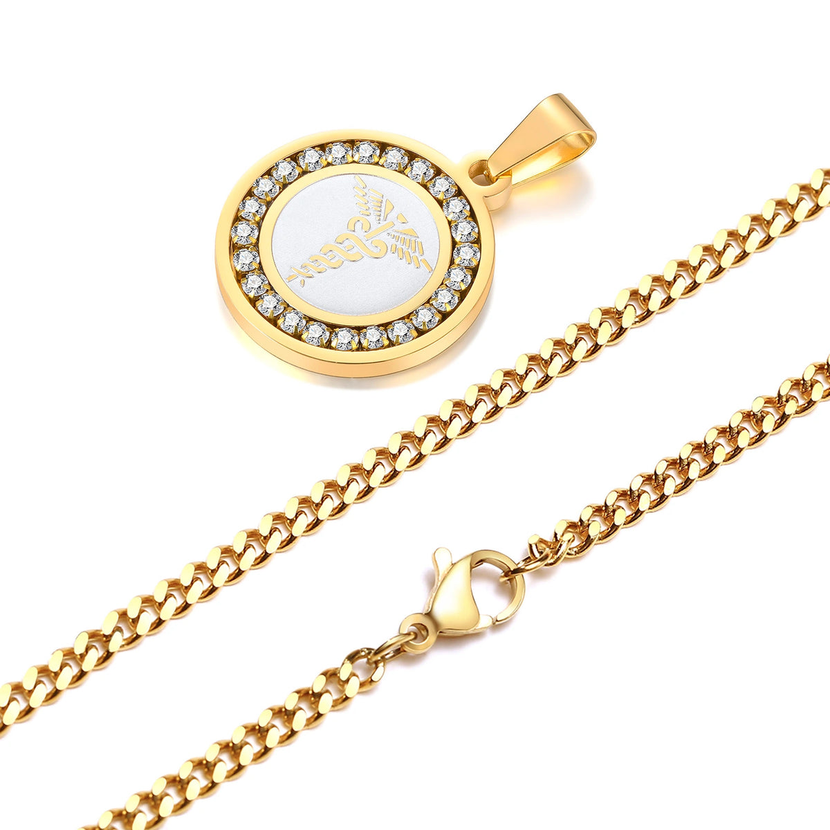 Gold medical ID necklace detail showing the round CZ pendant, stainless steel chain, and pendant bail.