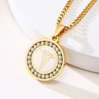 Close-up of a gold round medical ID pendant with sparkling cubic zirconia accents and medical symbol.