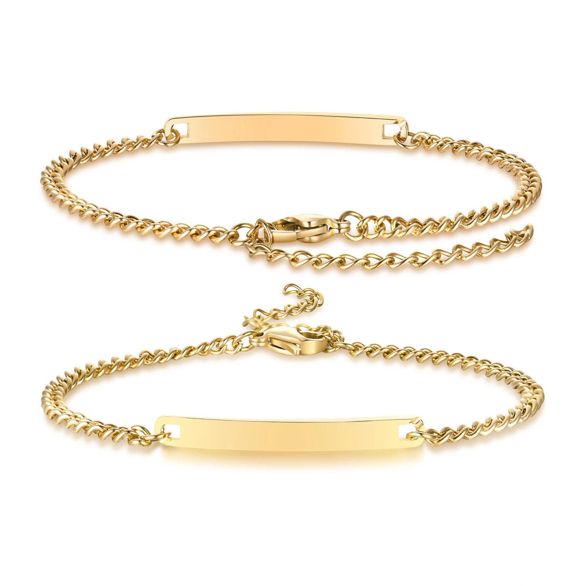 Gold stainless steel medical ID chain bracelet with polished personalized engraving plate and adjustable extension.