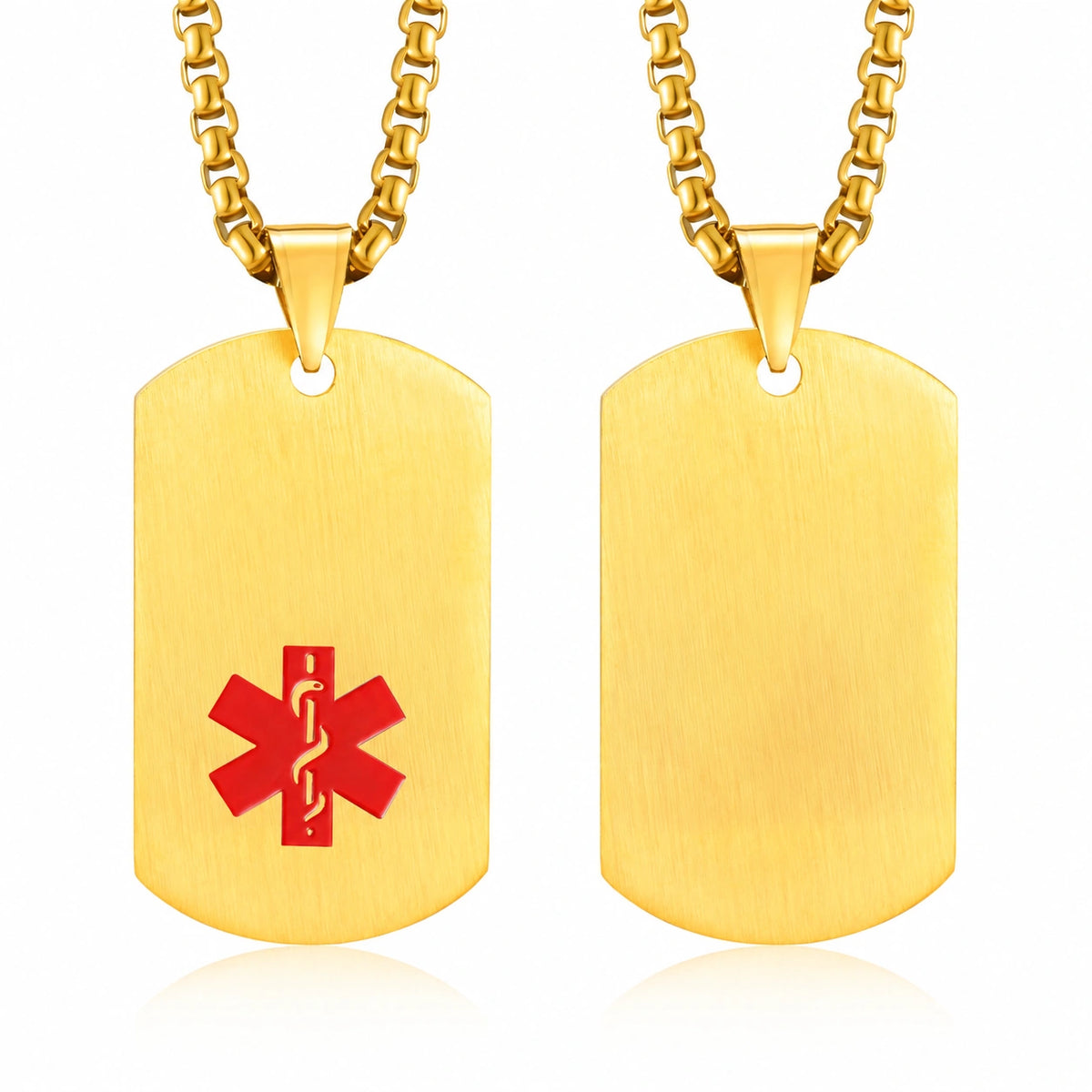 Gold stainless steel medical ID dog tag necklace shown from front and back with red medical alert symbol.