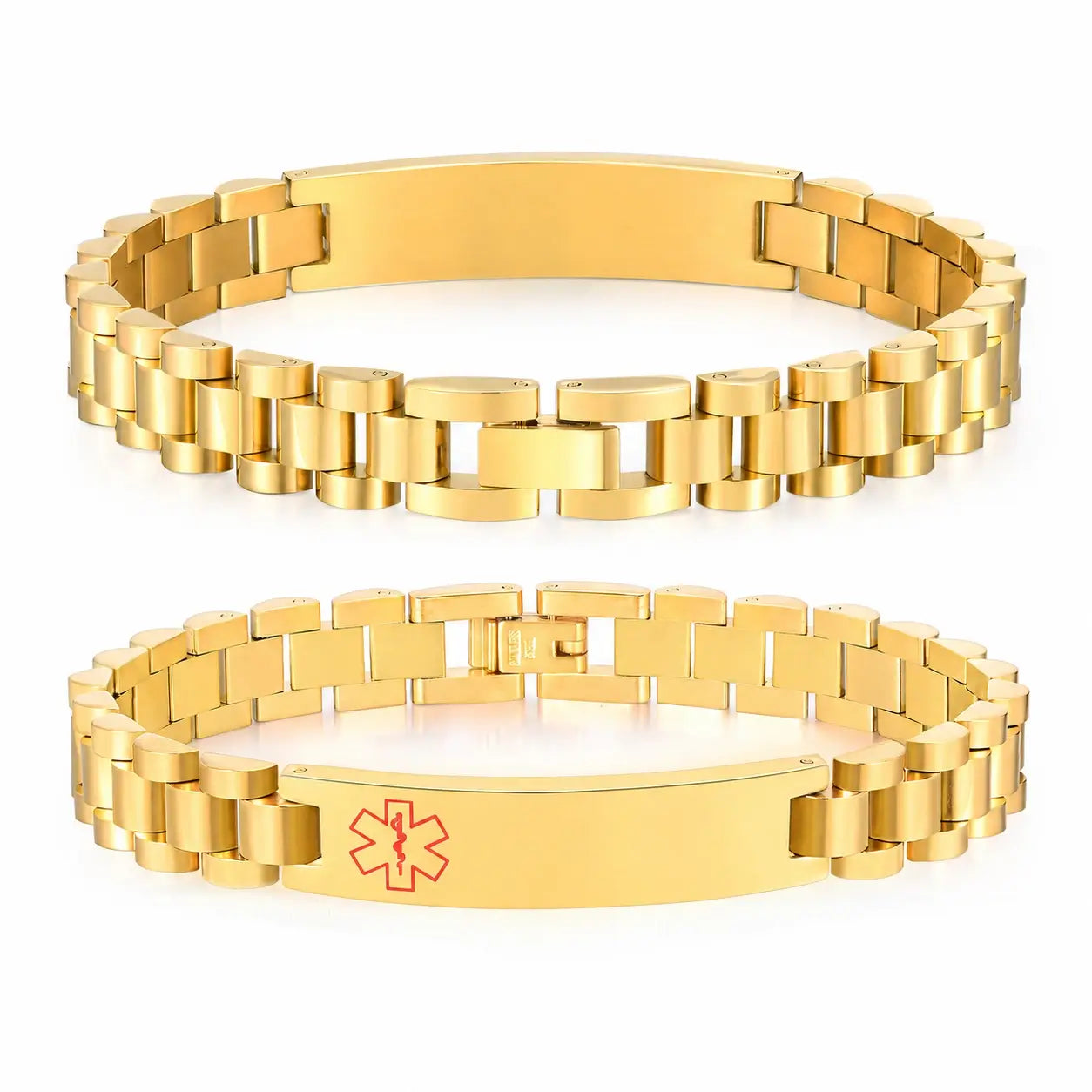 Gold stainless steel medical ID link bracelet with personalized engraving plate and red medical alert symbol.