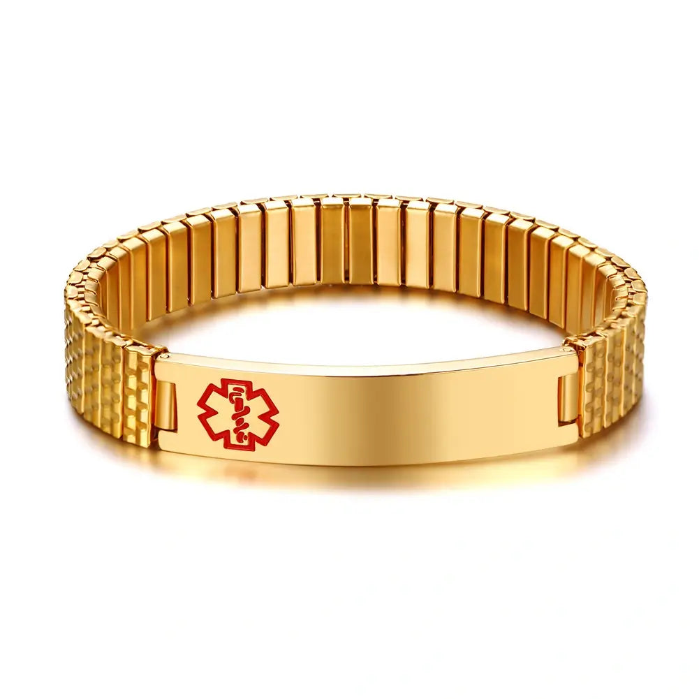 Gold stainless steel medical ID stretch bracelet with polished ID plate and red medical alert symbol.