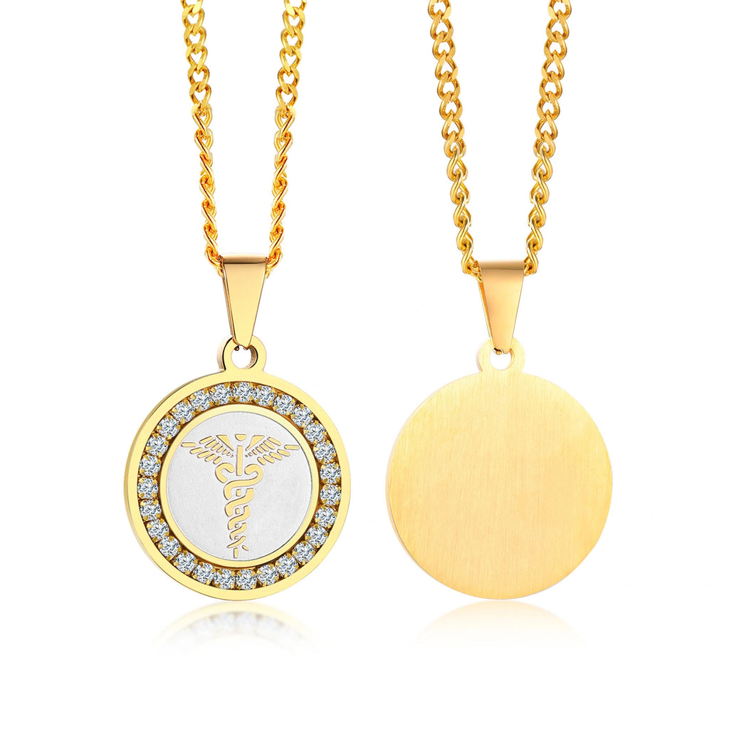 Gold personalized round medical ID necklace with CZ accents, medical symbol, and blank back engraving area.