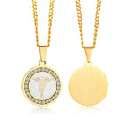 Gold personalized round medical ID necklace with CZ accents, medical symbol, and blank back engraving area.