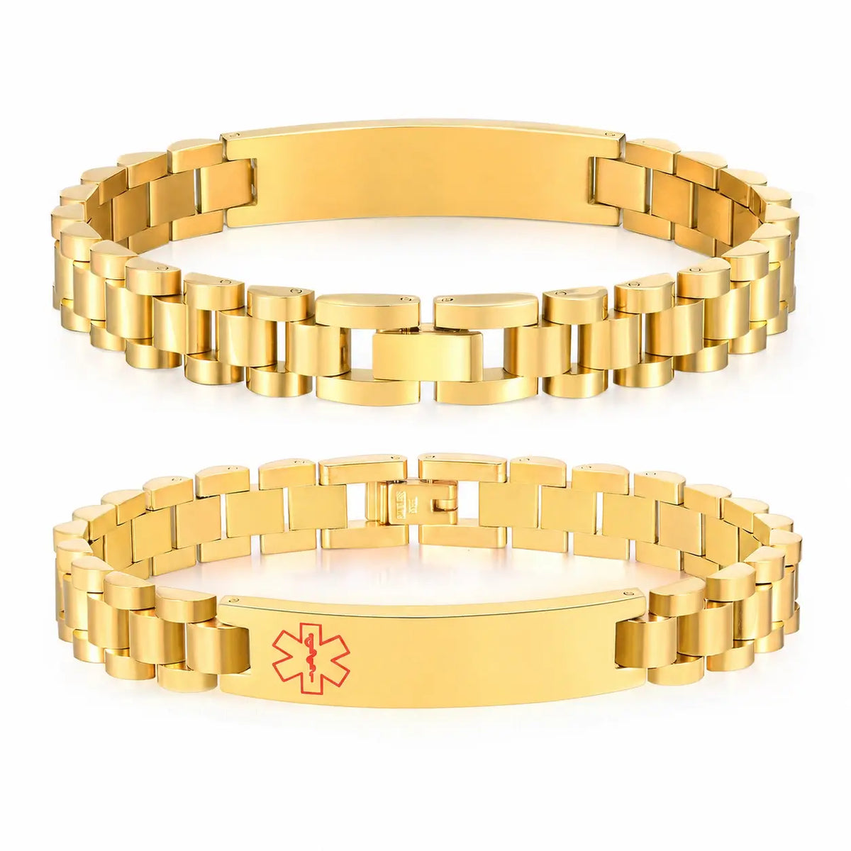 Gold tone stainless steel link ID bracelet shown from two angles with a polished curved plate and red front emblem