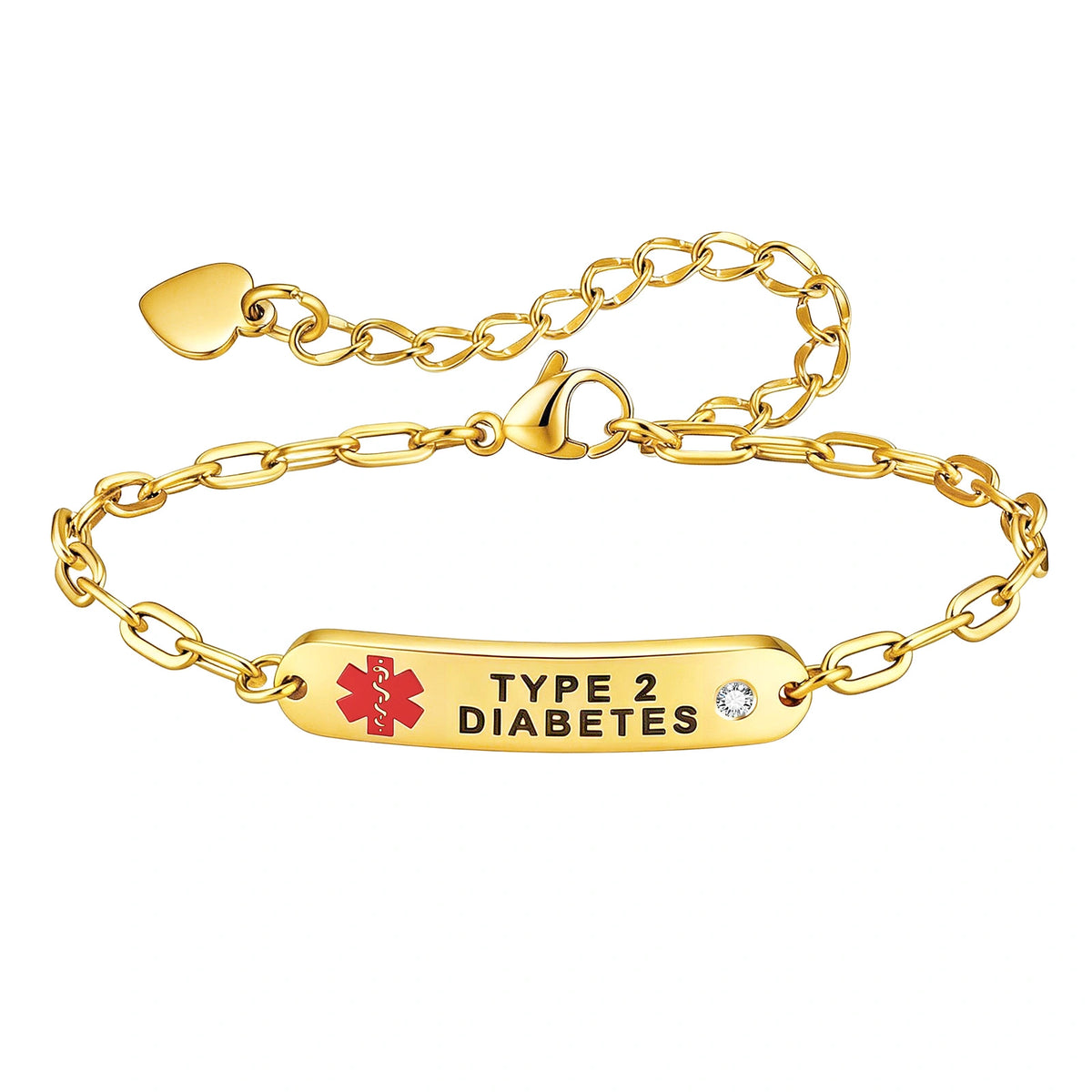Gold women's Type 2 Diabetes medical ID bracelet with CZ accents, heart charm, and red medical symbol.