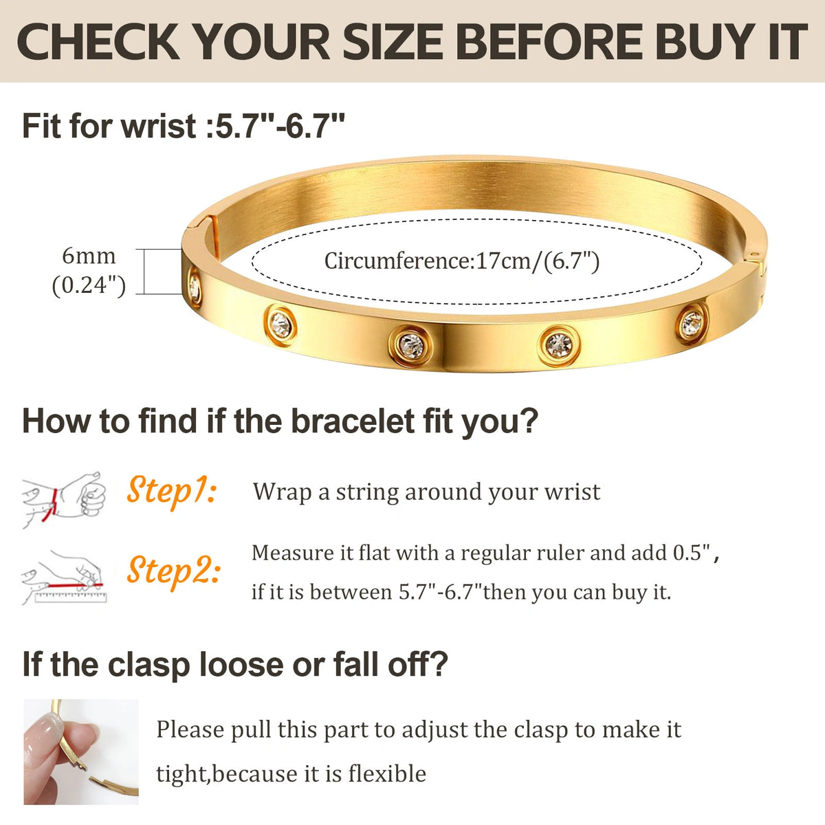 Gold tone crystal bangle size guide showing how to measure wrist circumference and choose the appropriate bracelet fit.