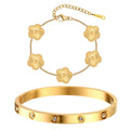 Two-piece gold tone bracelet set featuring five diamond-cut textured flower charms and a stainless steel bangle with sparkling crystal accents.