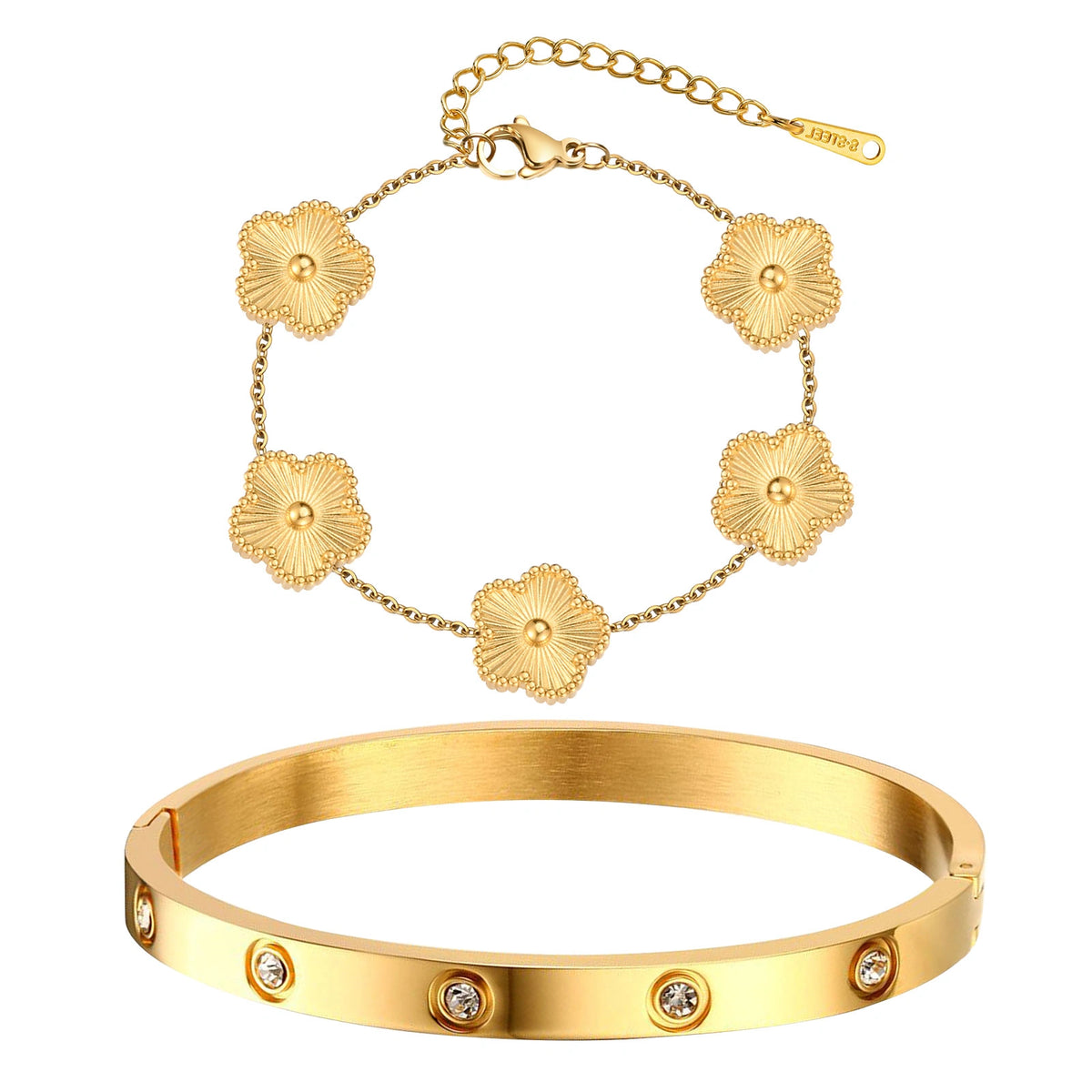 Two-piece gold tone bracelet set featuring five diamond-cut textured flower charms and a stainless steel bangle with sparkling crystal accents.