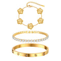 Three-piece gold tone bracelet set featuring a five-flower chain bracelet, sparkling cubic zirconia tennis bracelet, and stainless steel crystal bangle.