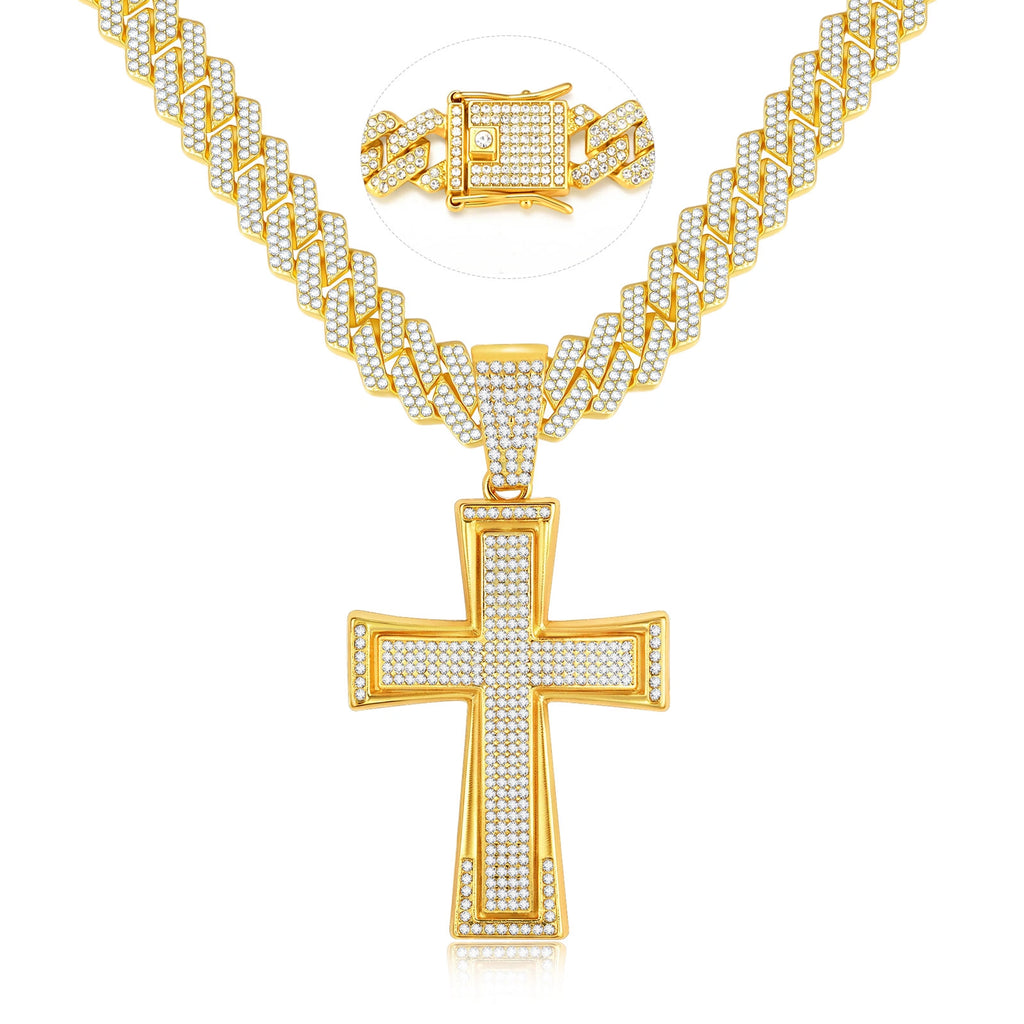 Gold tone iced out cross pendant necklace featuring sparkling rhinestones, a wide Cuban link chain, and a jeweled box clasp on a white background.