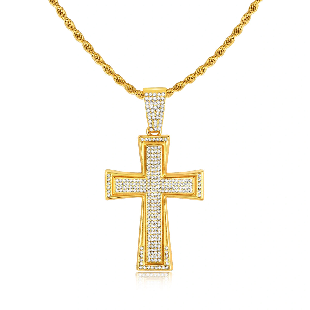 Gold tone iced out cross pendant necklace featuring a sparkling rhinestone-covered cross, polished gold-tone edges, and a twisted rope chain.