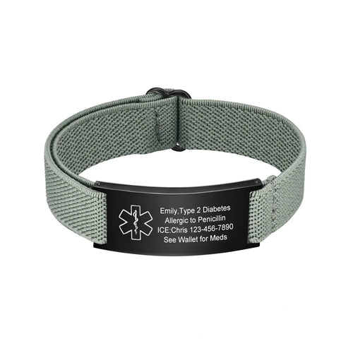 Green custom medical ID bracelet with adjustable elastic band and black stainless steel engraving plate.