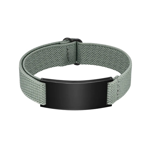 Green personalized medical ID bracelet with adjustable elastic band and black stainless steel engraving plate.