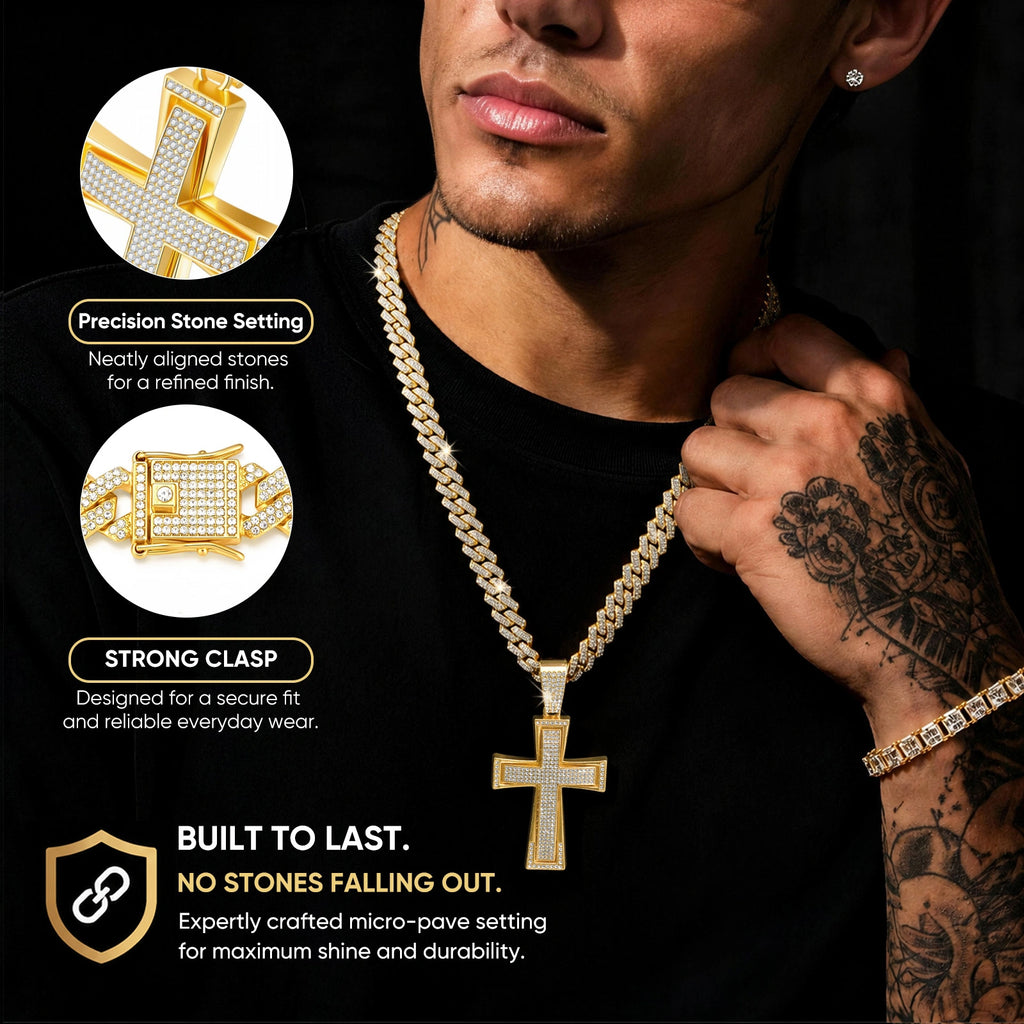 Hip hop jewelry detail image showing a gold tone iced out cross necklace worn with a black shirt, alongside close-ups of the rhinestone pendant and Cuban chain.