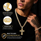 Hip hop jewelry detail image showing a gold tone iced out cross necklace worn with a black shirt, alongside close-ups of the rhinestone pendant and Cuban chain.