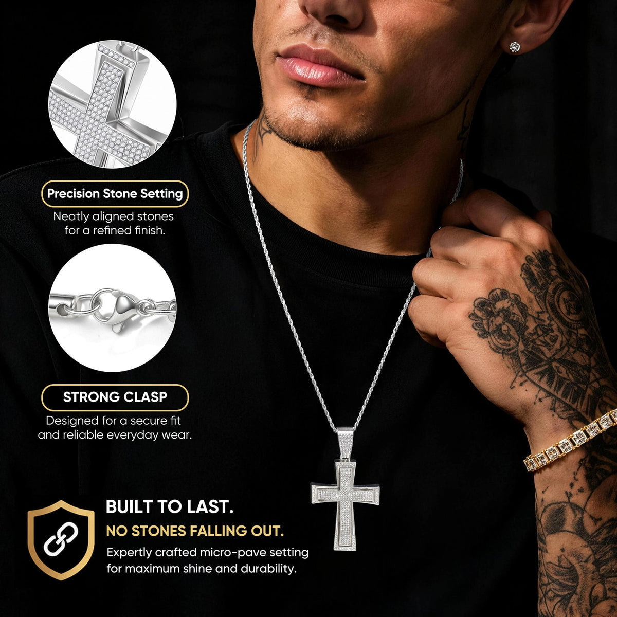 Hip hop jewelry detail image showing a silver tone rhinestone cross necklace worn with a black shirt, alongside close-ups of the pendant and rope chain.