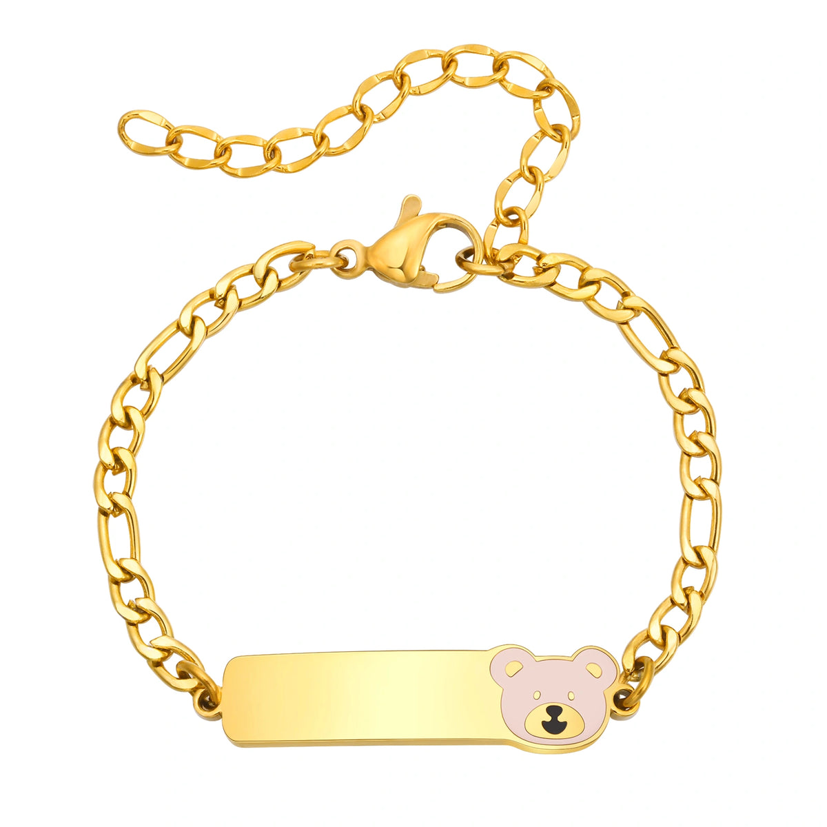 Gold kids medical ID bracelet with cute bear design, blank engraving plate, and adjustable extension chain.