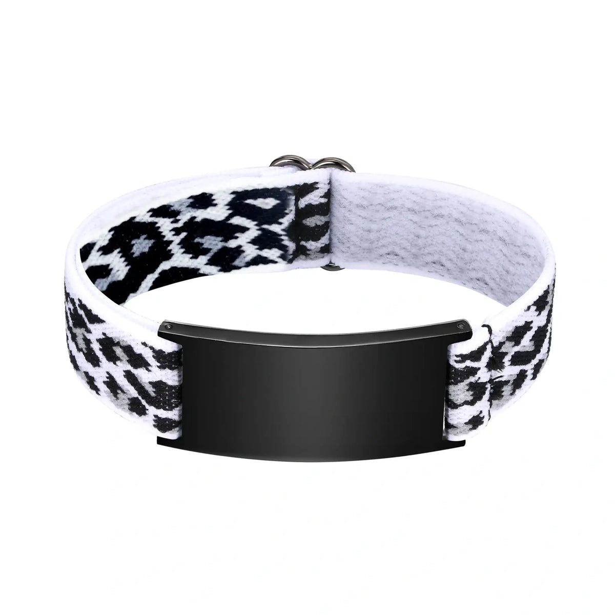 Leopard print medical ID bracelet with adjustable elastic band and black stainless steel engraving plate.