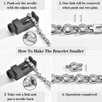 Guide showing how to remove links and adjust the fit of a stainless steel medical ID bracelet.