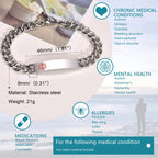 Medical ID chain bracelet feature guide highlighting the stainless steel plate, engraving area, and durable chain.