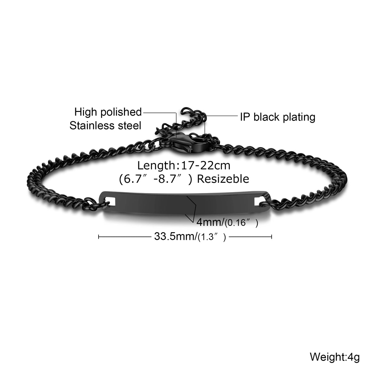 Medical ID chain bracelet size guide showing the stainless steel ID plate and adjustable bracelet length.