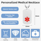 Personalized medical ID dog tag necklace feature guide showing engraving and stainless steel pendant details.