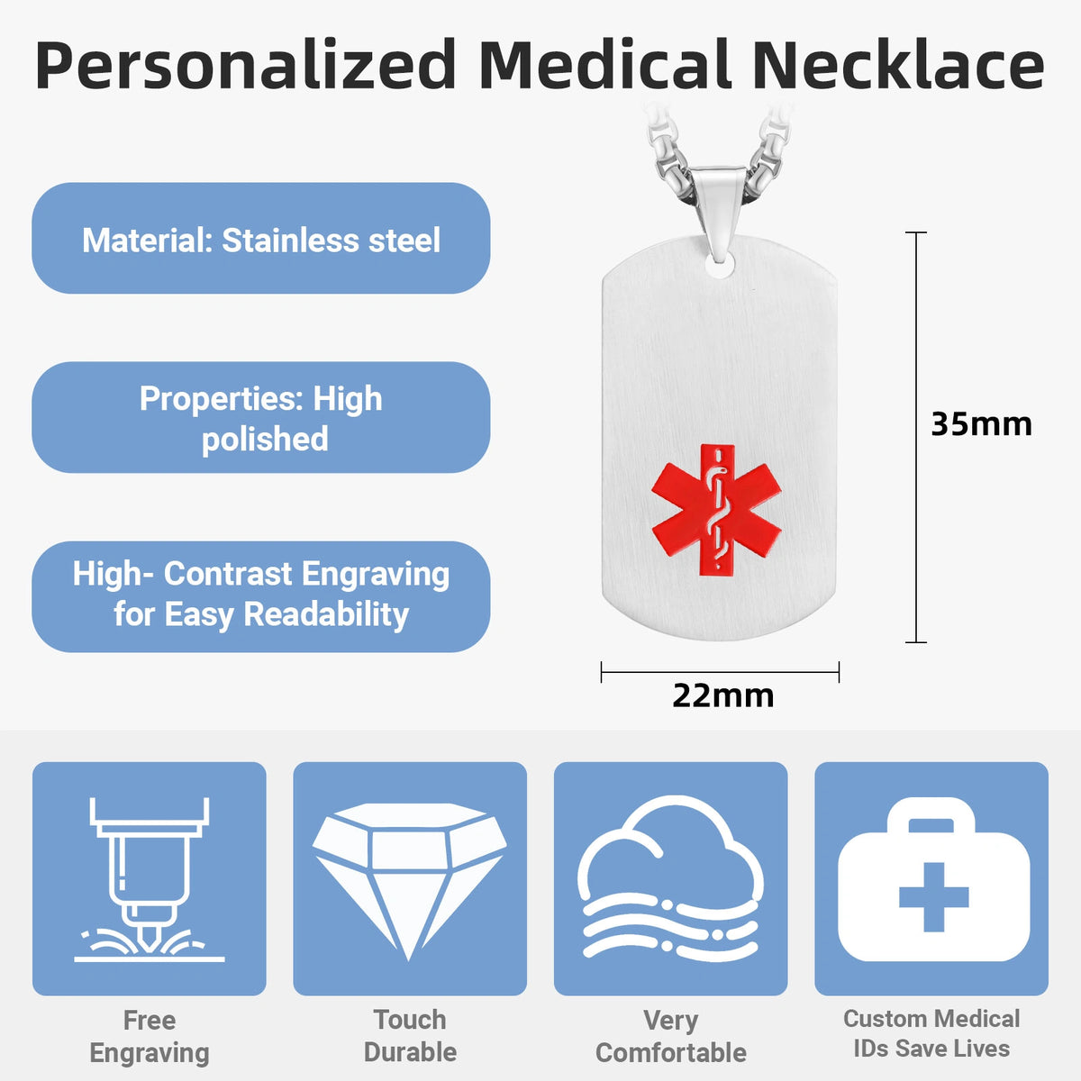 Personalized medical ID dog tag necklace feature guide showing engraving and stainless steel pendant details.