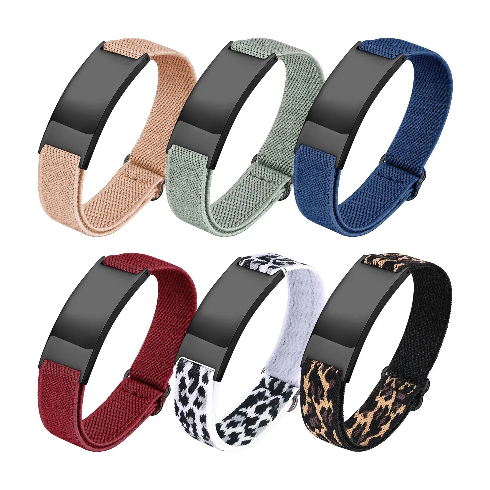 Personalized medical ID bracelets with adjustable elastic bands shown in multiple colors and patterns.