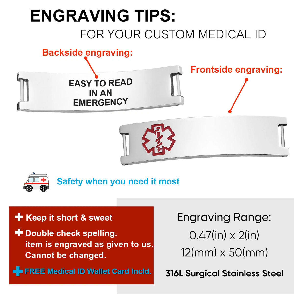 Medical ID bracelet engraving guide showing personalized medical and emergency information options.