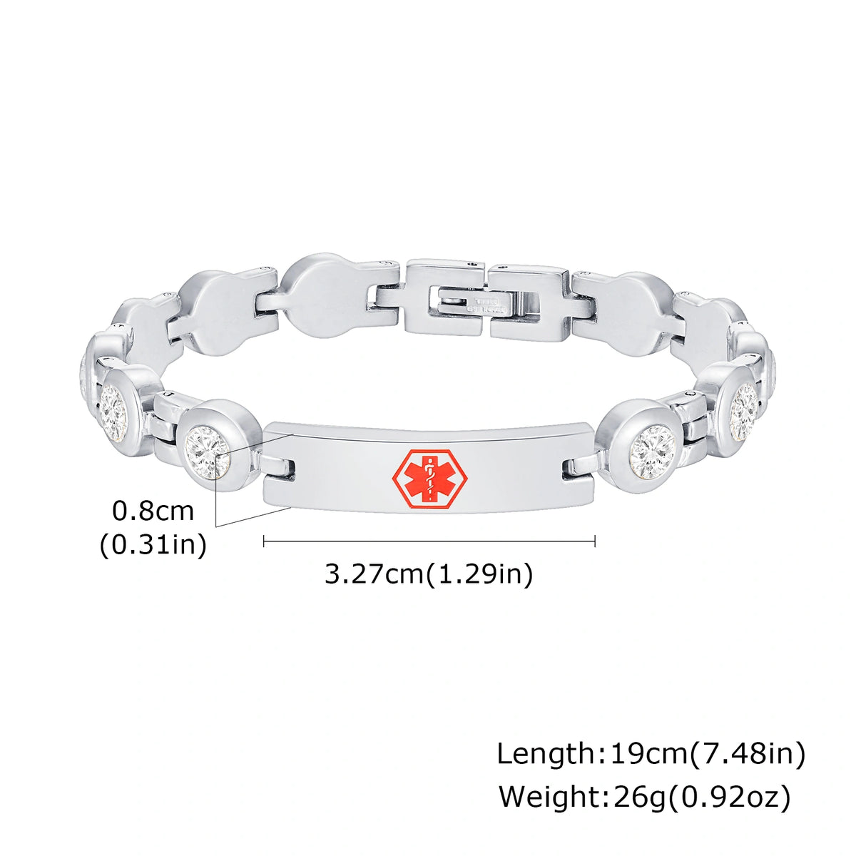Medical ID link bracelet size guide showing the stainless steel ID plate, bracelet length, and dimensions.