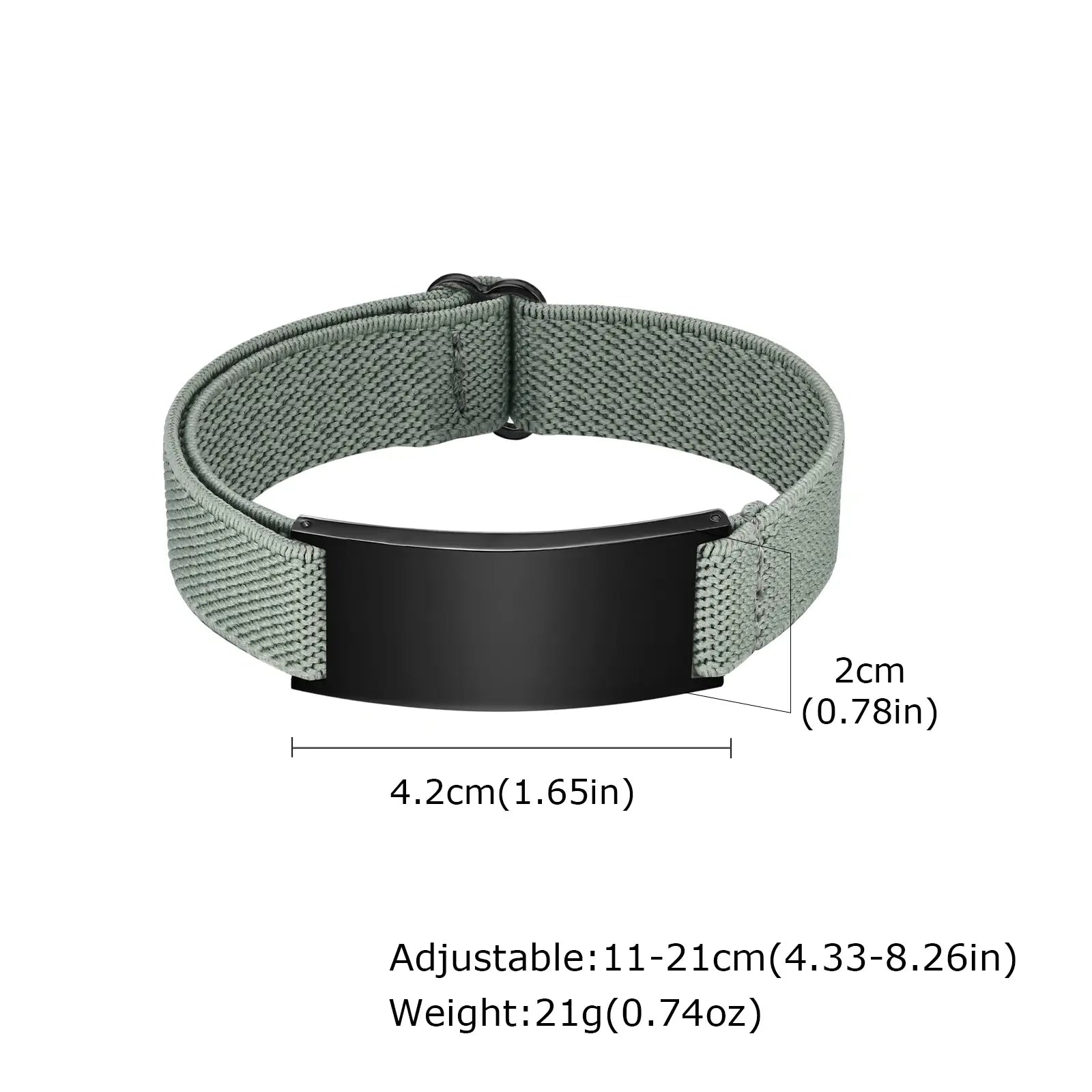 Medical ID bracelet size guide showing the adjustable elastic band and stainless steel ID plate dimensions.