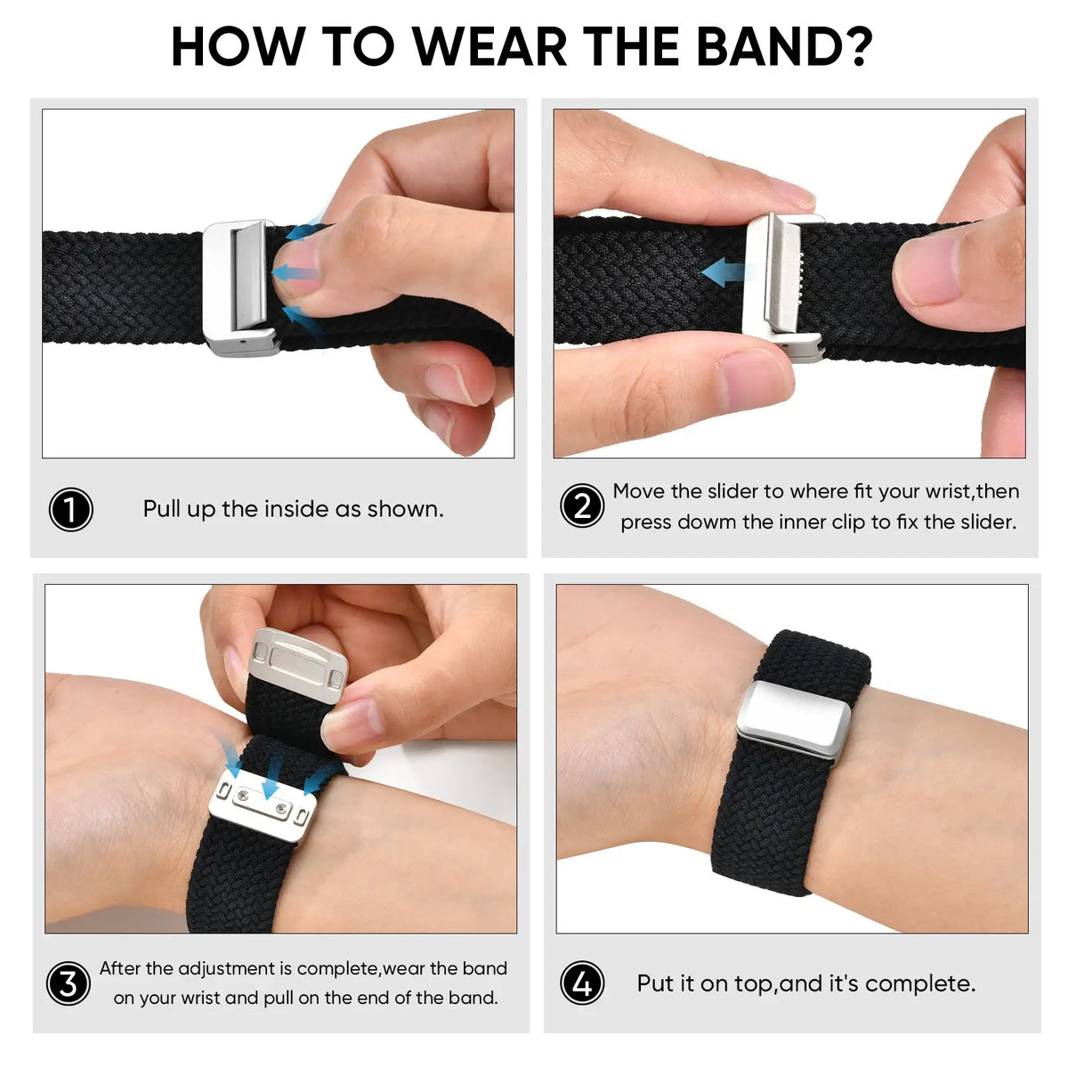Step-by-step guide showing how to wear and adjust a braided nylon medical ID bracelet on the wrist.