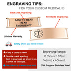 Medical ID bracelet engraving guide showing suggested medical details and emergency contact information.